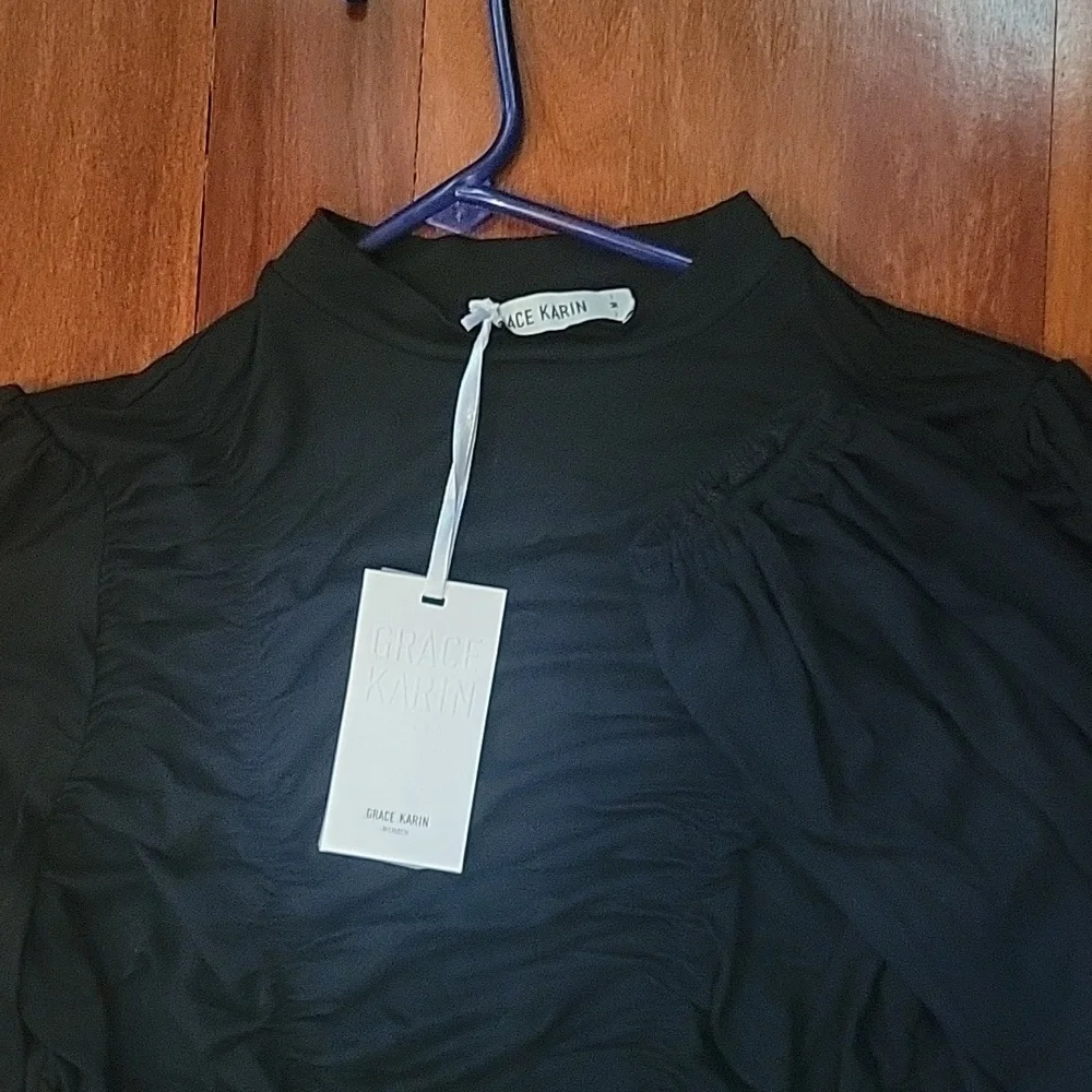 Grace Karin Long Sleeve Ruched Fitted Blouse Size Medium Black NWT - Picture 3 of 3